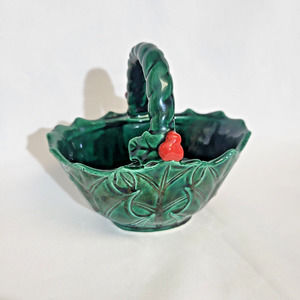 Vintage Lefton Green Holly Candy Bowl with Red Berries and Handle